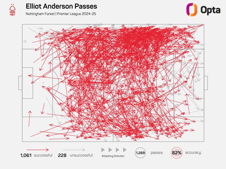 Elliot Anderson's Pass Map - Premier League 2024/25