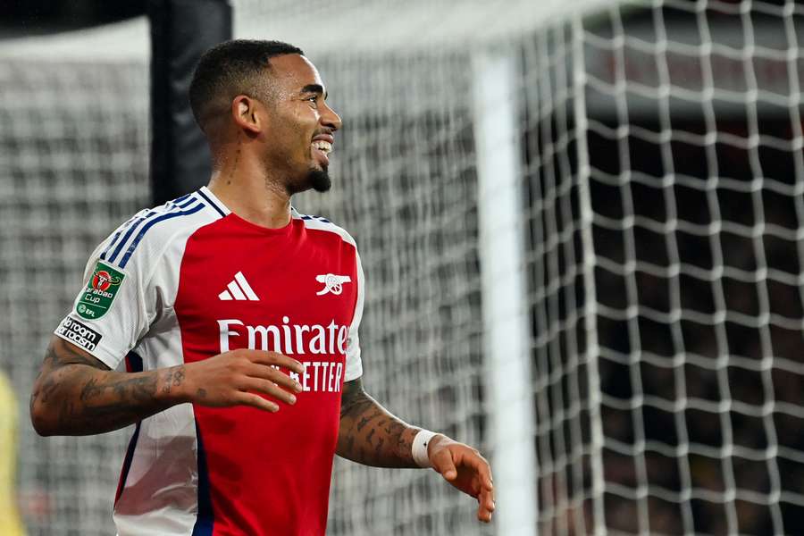Arsenal's Brazilian striker #09 Gabriel Jesus celebrates after scoring his team third goal 