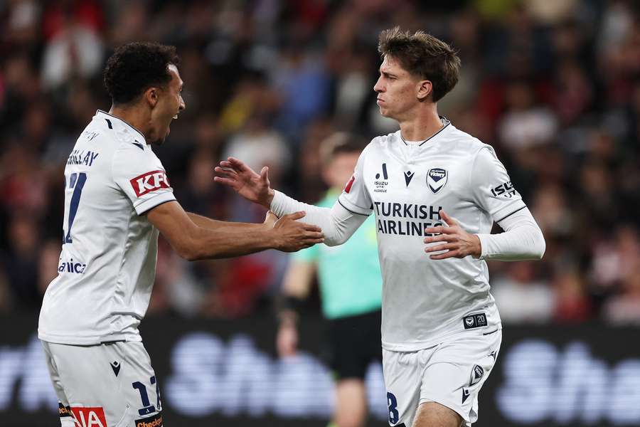 Melbourne Victory leftback Kasey Bos celebrates his goal against Western Sydney Wanderers at the weekend.