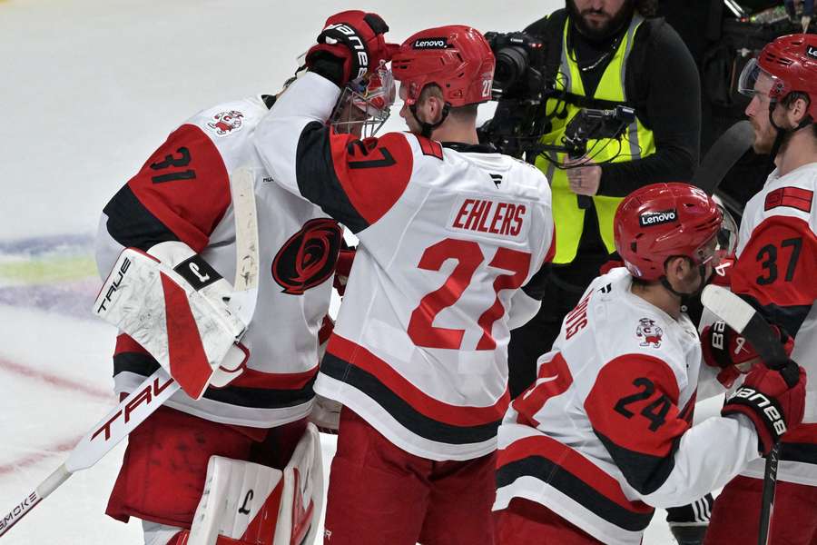 The Carolina Hurricanes celebrate their Game 4 victory over the Montreal Canadiens. The Carolina Hurricanes celebrate their Game 4 victory over the Montreal Canadiens.