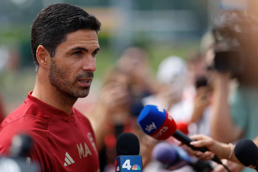 Mikel Arteta speaks with the media prior to a training session in preparation for the 2023 MLS All-Star Game