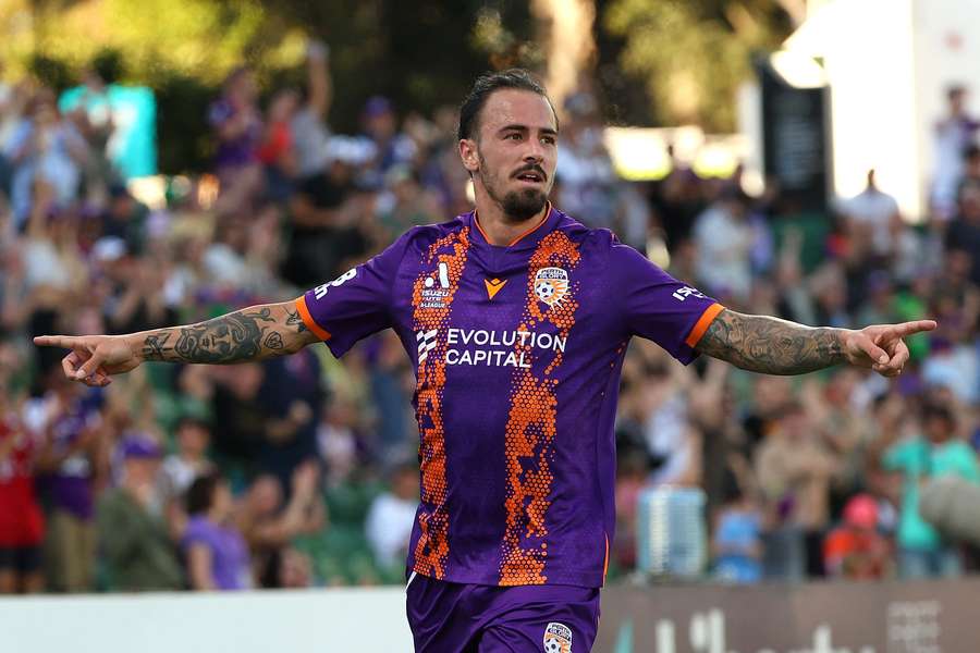 Ryan Williams scoring for Perth Glory in April 2023.