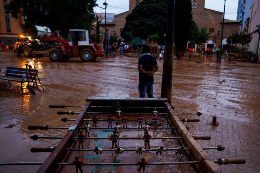 A view of a damaged foosball table, following floods, in La Torre neighbourhood in Sedavi, Valencia, Spain