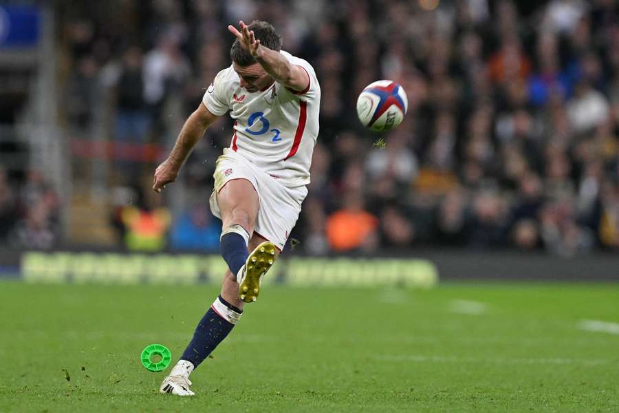 England flyhalf George Ford attempts a conversion kick against Australia.