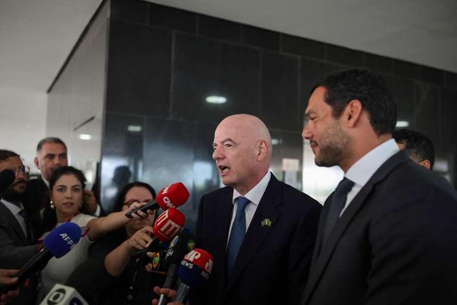 FIFA President Gianni Infantino talks to journalists after the meeting with Brazilian President Luiz Inacio Lula da Silva
