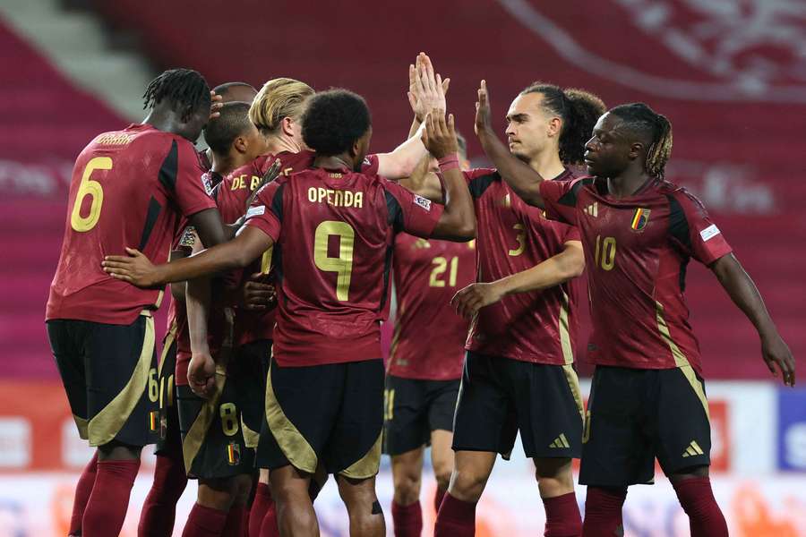 Belgium celebrating their third goal against Israel