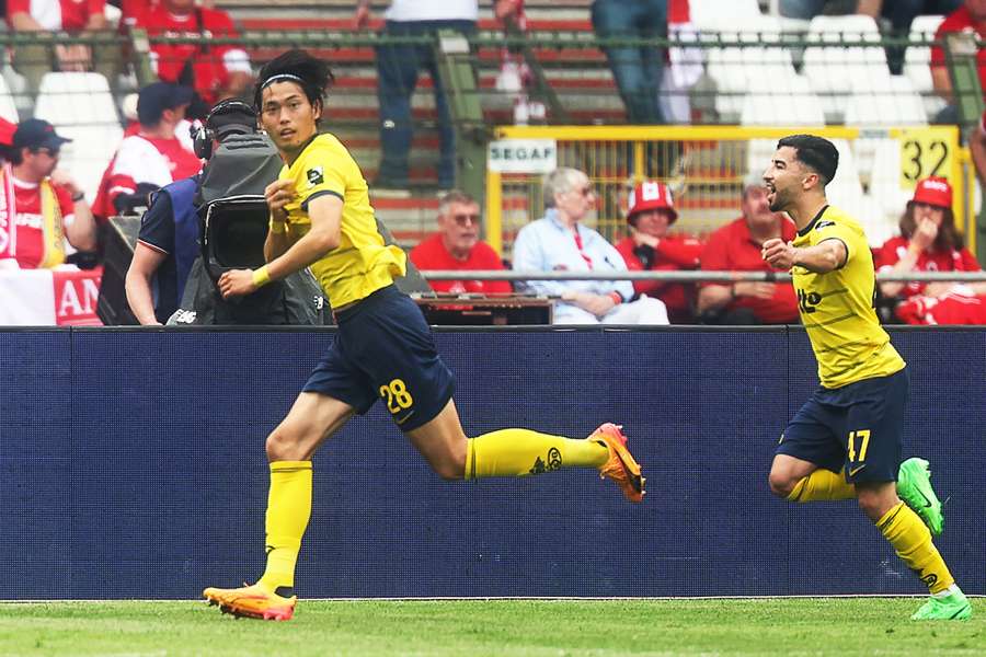 Union Saint-Gilloise's Koki Machida celebrates his goal during the cup final