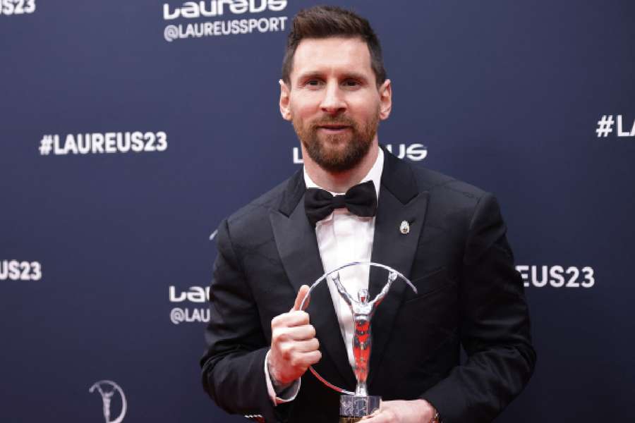 Lionel Messi poses after winning the 2023 Laureus World Sportsman of the Year Award