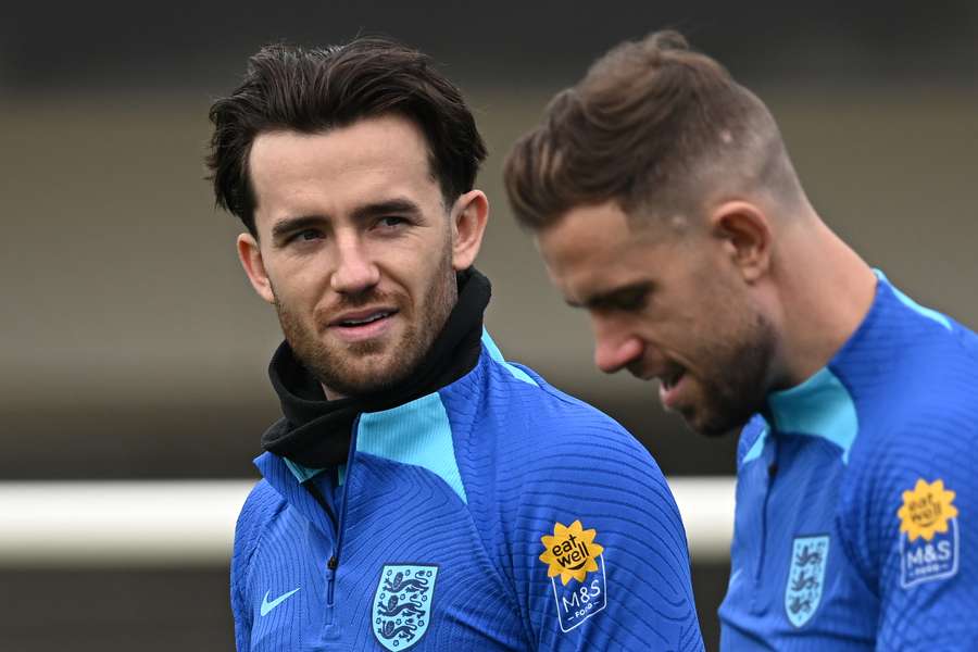 England's defender Ben Chilwell midfielder Jordan Henderson attend a team training session at St George's Park