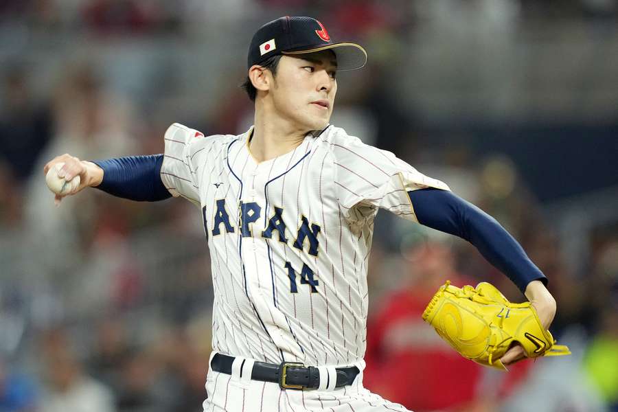 Roki Sasaki throwing a pitch for Team Japan at the 2023 World Baseball Classic