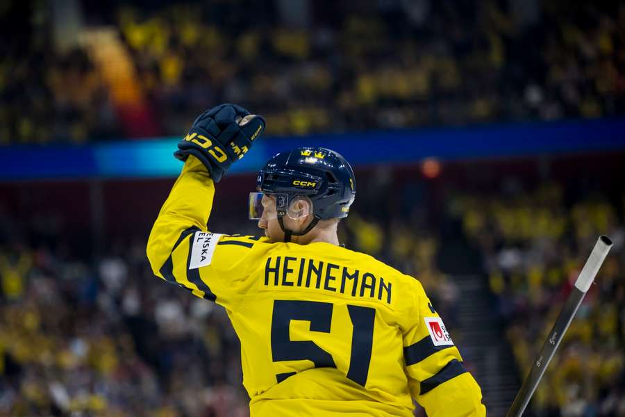 Emil Heineman celebrates his first goal of the World Championship