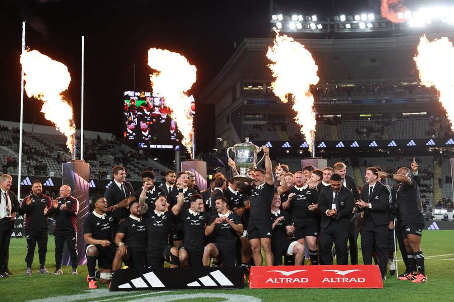 All Blacks players celebrate their 50-19 Bledisloe Cup win in Auckland. All Blacks players celebrate their 50-19 Bledisloe Cup win in Auckland.