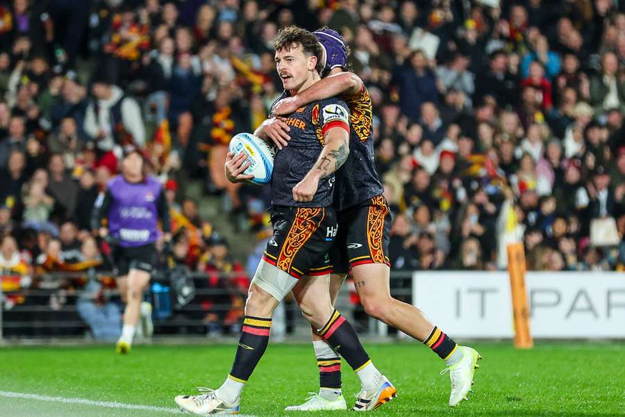 Leroy Carter celebrates a try scored for the Chiefs. Leroy Carter celebrates a try scored for the Chiefs.
