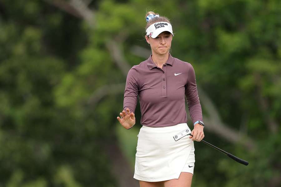 Nelly Korda reacts after a putt on the seventh green during the second round of the Chevron Championship