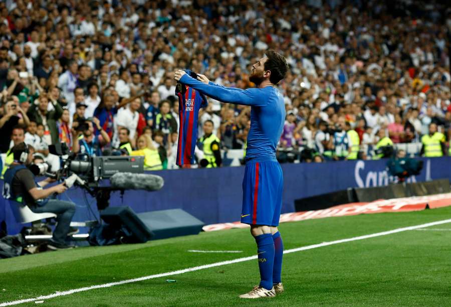 FC Barcelona's Lionel Messi celebrates scoring the winning goal against Real Madrid in April 2017 FC Barcelona's Lionel Messi celebrates scoring the winning goal against Real Madrid in April 2017