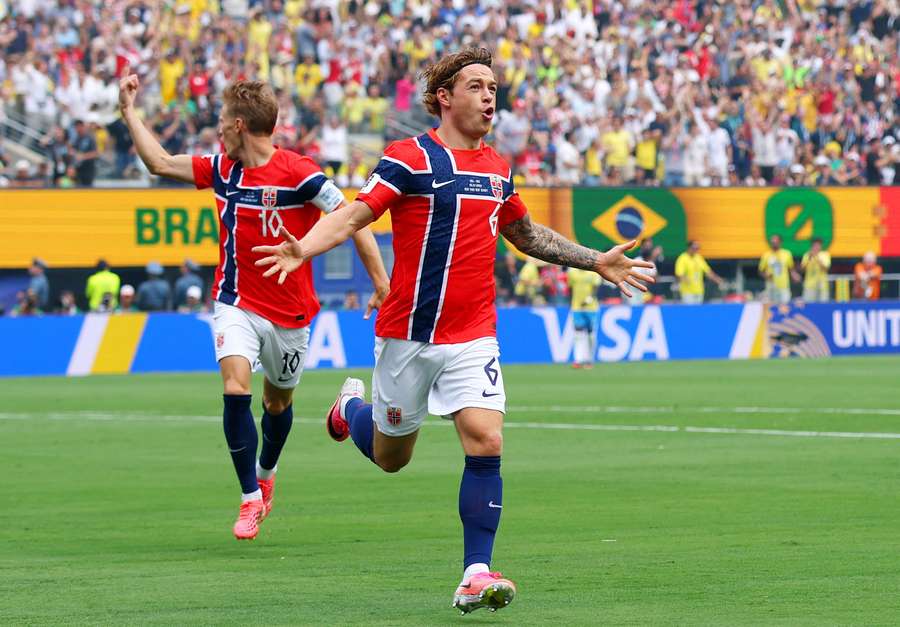 Norway's Patrick Berg celebrates scoring before his goal is ruled out for offside Norway's Patrick Berg celebrates scoring before his goal is ruled out for offside