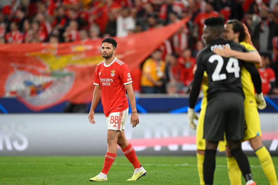 Benfica's Portuguese forward Goncalo Ramos reacts to their defeat