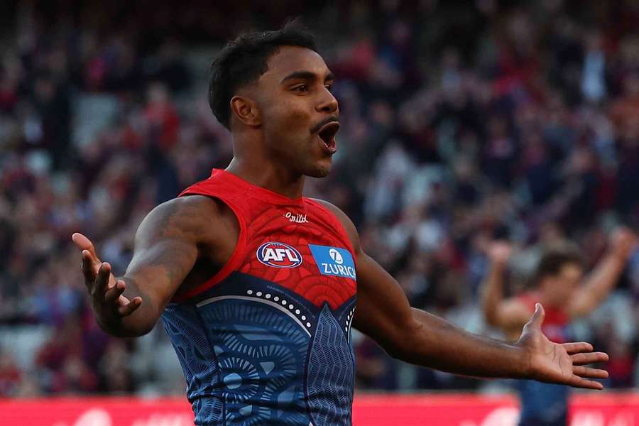 Kysaiah Pickett celebrates a goal during Melbourne's Round 11 win over Sydney.
