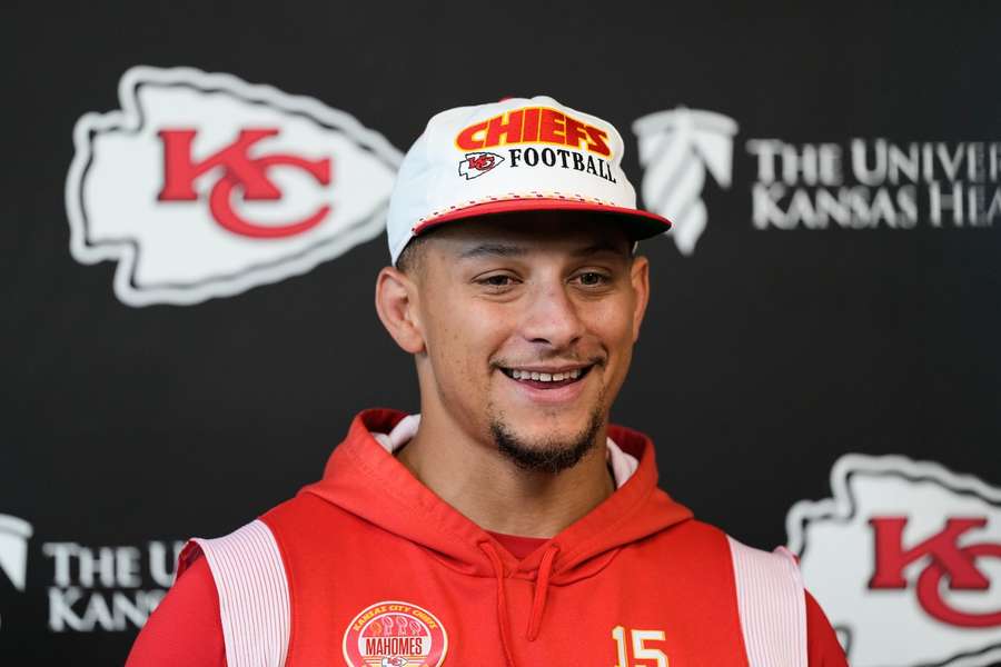 Chiefs Patrick Mahomes smiles during OTA press conference (2026) Chiefs Patrick Mahomes smiles during OTA press conference (2026)