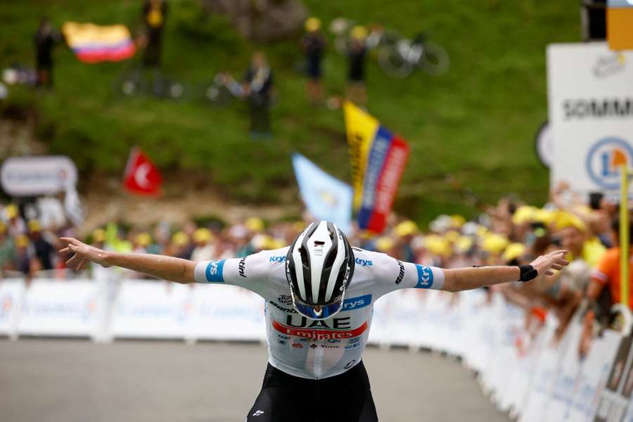 Take a bow: Tadej Pogacar after winning stage six of the Tour de France