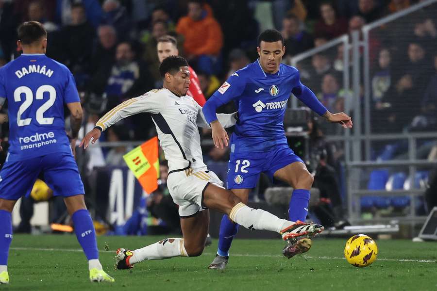 Jude Bellingham (C) allegedly insulted Mason Greenwood (R) during Real Madrid's comfortable win at Getafe on Thursday