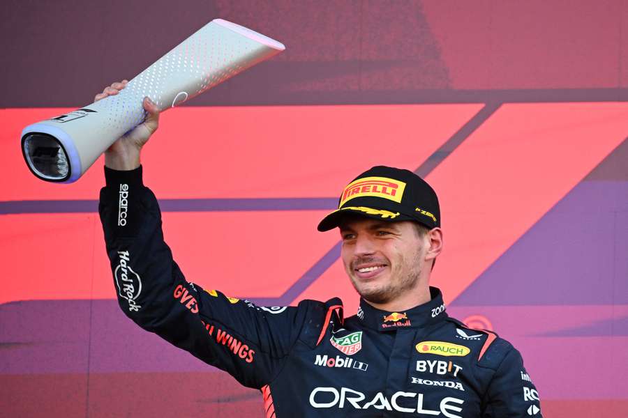 Red Bull's Max Verstappen celebrates on the podium