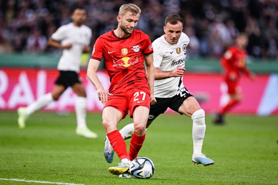 Laimer (L) on the ball for RB Leipzig