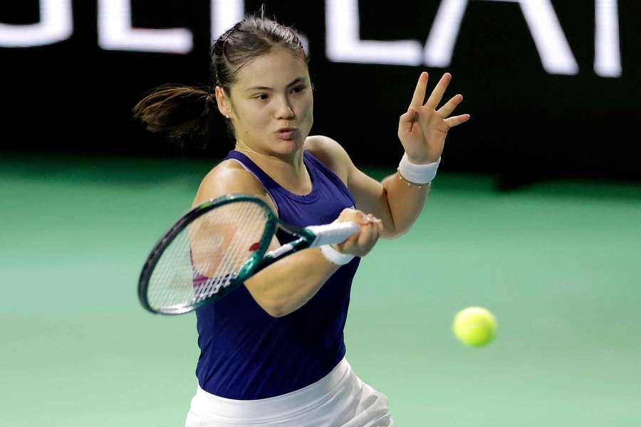 Emma Raducanu celebrates after winning her match against Canada's Rebecca Marino