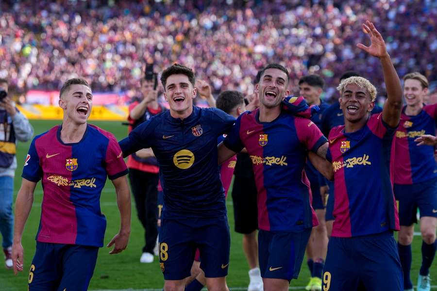 FC Barcelona players celebrate winning the match against Real Madrid on Sunday, May 11th FC Barcelona players celebrate winning the match against Real Madrid on Sunday, May 11th