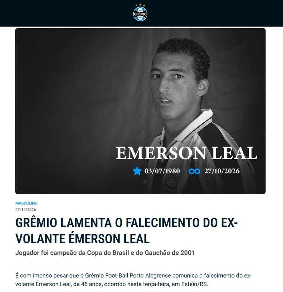 Grémio lamentou morte de Émerson Leal em nota oficial Grémio lamentou morte de Émerson Leal em nota oficial