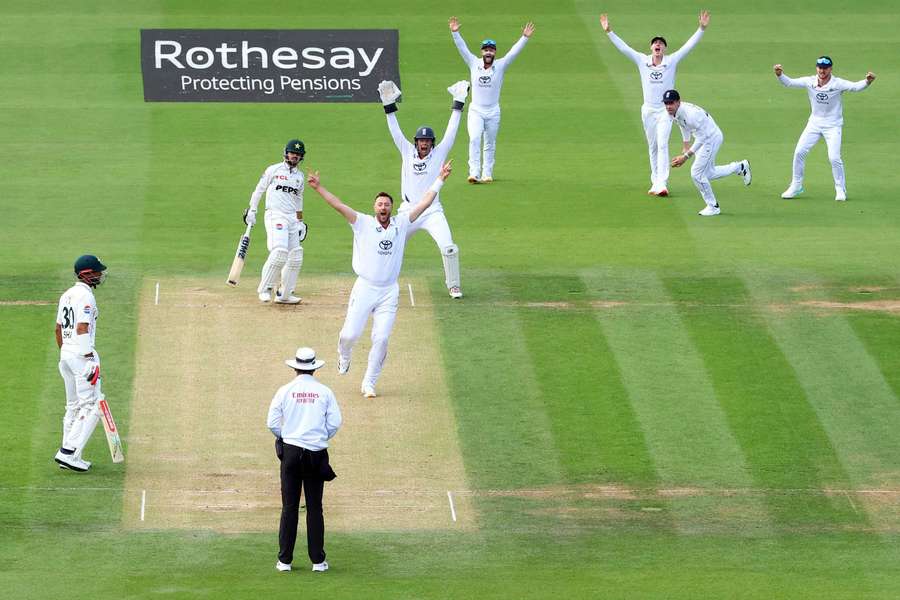 England's Ollie Robinson appeals successfully for the LBW wicket of Pakistan's Azan Awais England's Ollie Robinson appeals successfully for the LBW wicket of Pakistan's Azan Awais