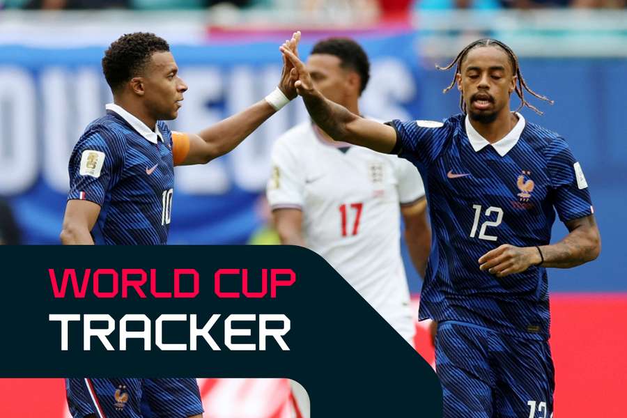 Kylian Mbappe and Bradley Barcola celebrate for France
