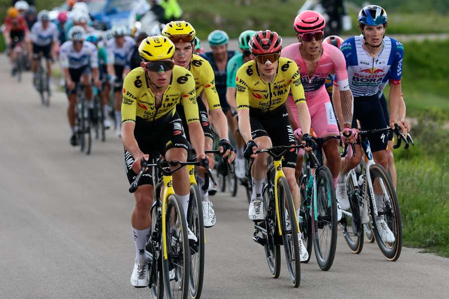 Team Visma Lease a Bike Italian rider Davide Piganzoli, Sepp Kuss and Danish rider Jonas Vingegaard