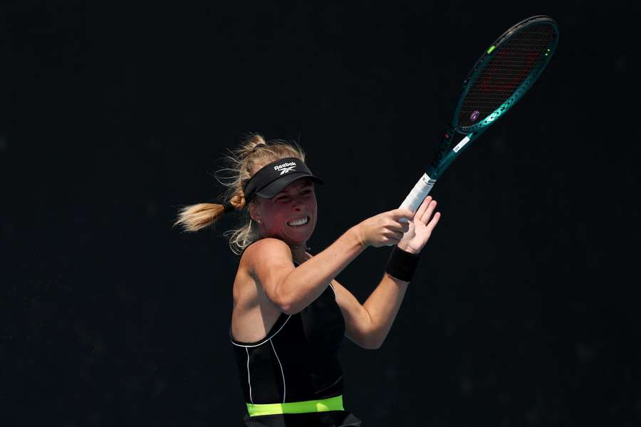 Magdalena Fręch plays a forehand during her first round win over Veronika Erjavec on Monday.