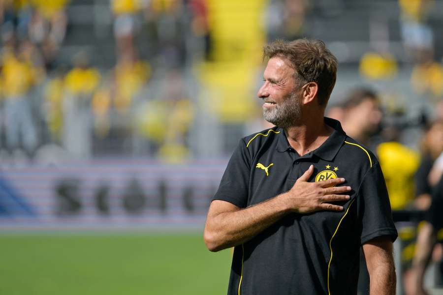 Klopp on the touchline during Jakub Blaszczykowski and Lukasz Piszczek's farewell match