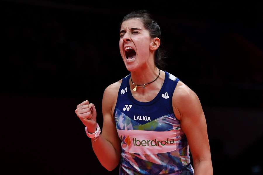 Carolina Marín, con su característico grito de euforia tras ganar ante Chen Yu Fei