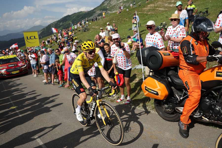 Jumbo-Visma's Danish rider Jonas Vingegaard wearing the overall leader's yellow jersey