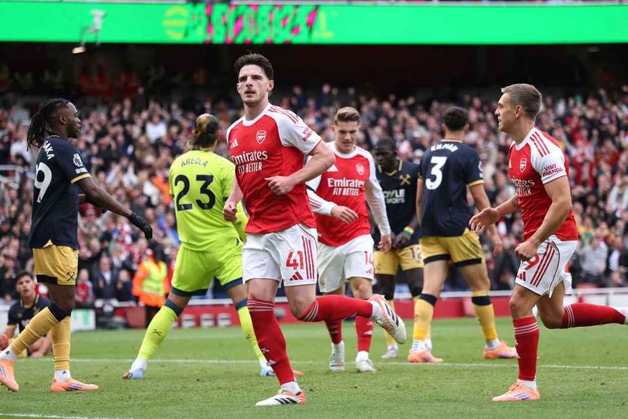 Declan Rice looks at the West Ham fans after scoring the first Arsenal goal 