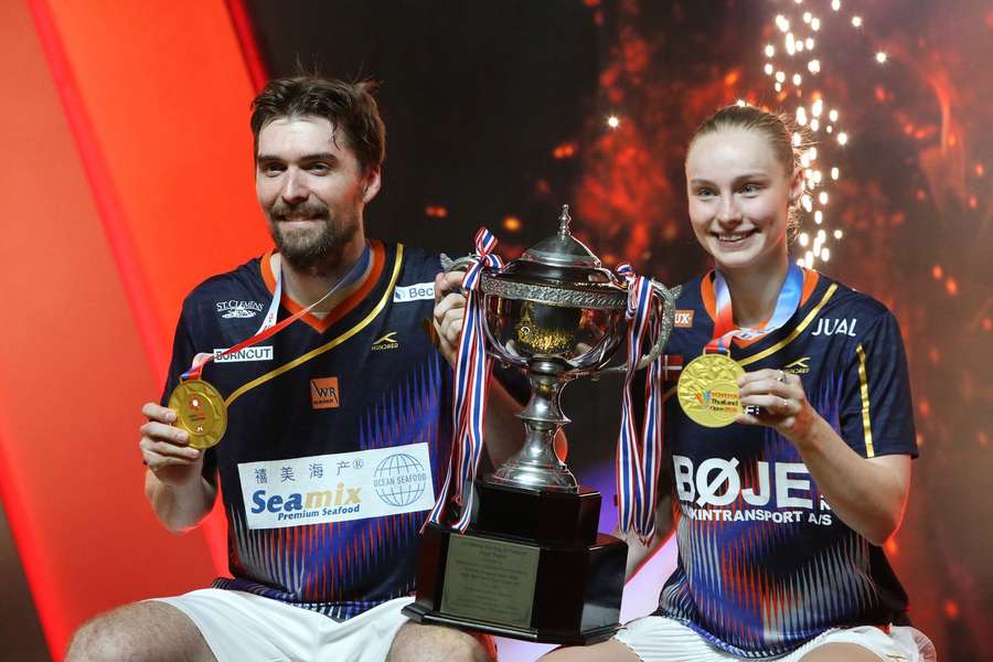 Mathias Christiansen and Alexandra Boje celebrate the win in Singapore Open Mathias Christiansen and Alexandra Boje celebrate the win in Singapore Open