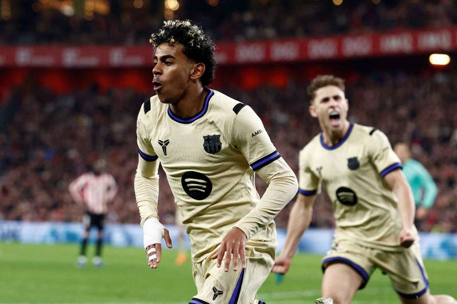 Barcelona's Lamine Yamal celebrates scoring against Athletic Club