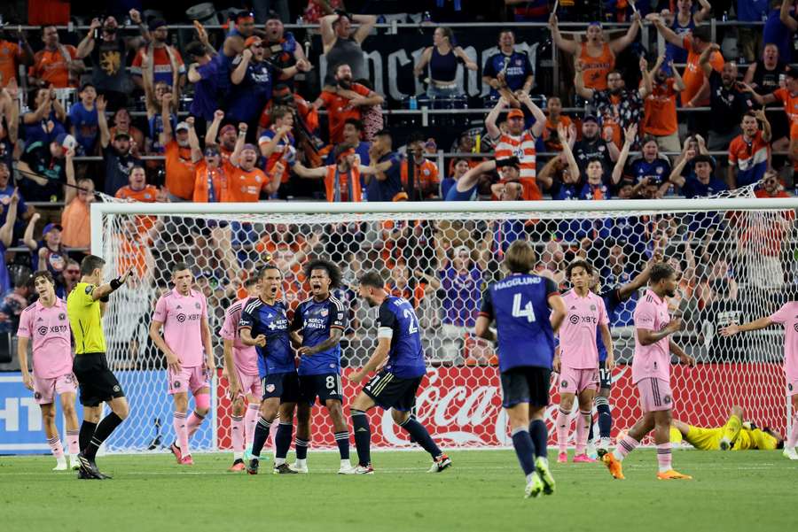 Yuya Kubo celebrates scoring for Cincinnati