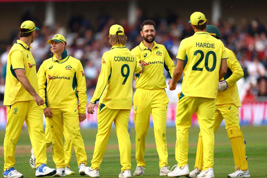 Short celebrates with teammates after taking the wicket of England's Jamie Smith