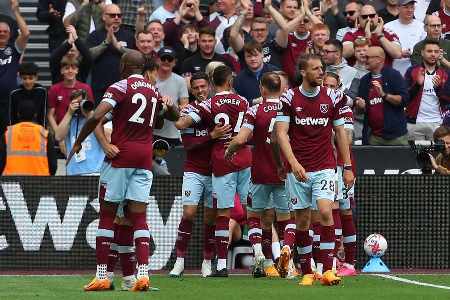 Tomas Soucek celebrates after opening the scoring for West Ham