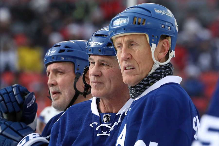 Salming, right, before the start of their game against the Detroit Red Wings during the 2017 Rogers NHL Centennial Classic Alumni Game at BMO Field.