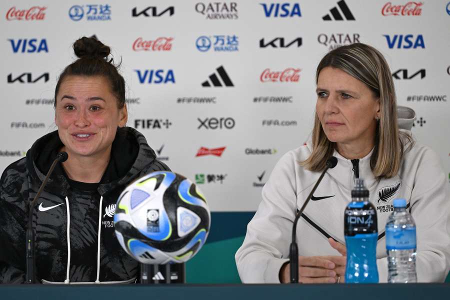 New Zealand’s Ali Riley (L) and coach Jitka Klimkova attend a press conference at Eden Park in Auckland