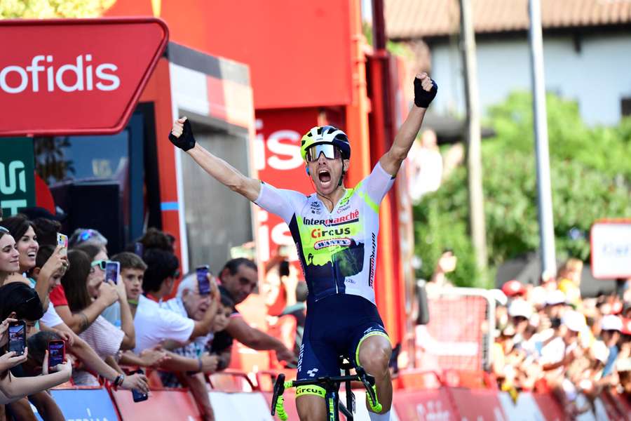 Team Intermarche Wanty rider Rui Costa celebrates winning stage 15 of La Vuelta