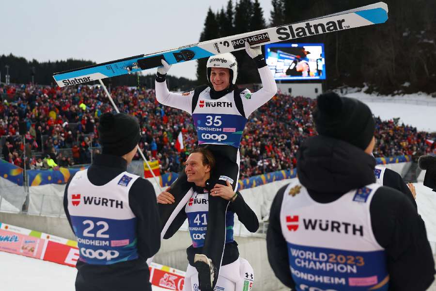 Domen Prevc celebrates winning the men's large hill 