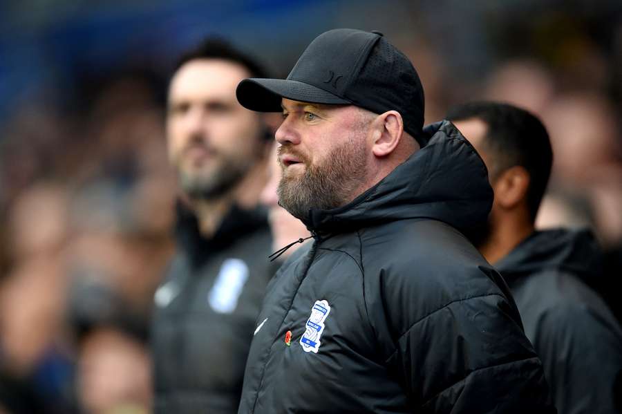 Wayne Rooney looks on prior to during the Sky Bet Championship match between Birmingham and Ipswich Town 