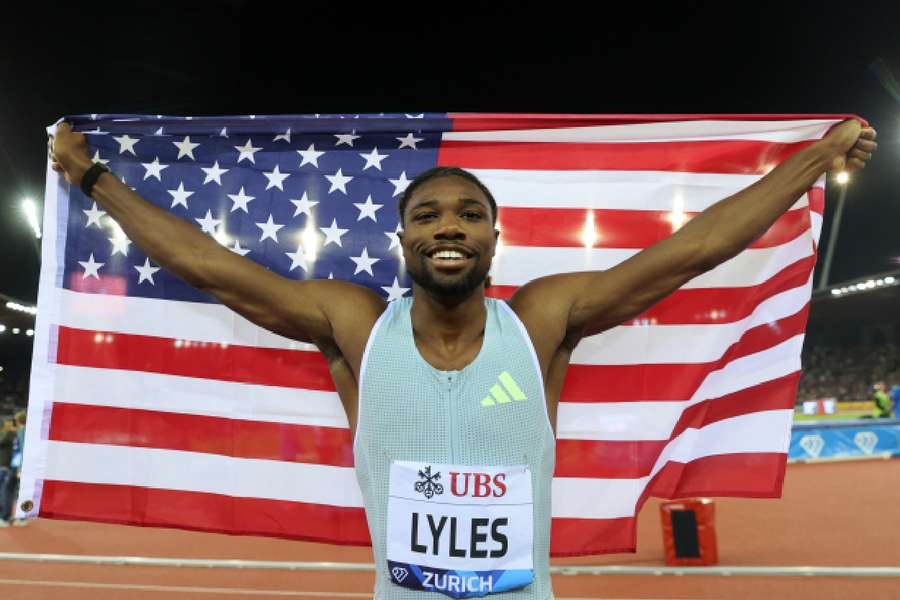 Lyles celebrates after winning the men's 200m final in Zurich