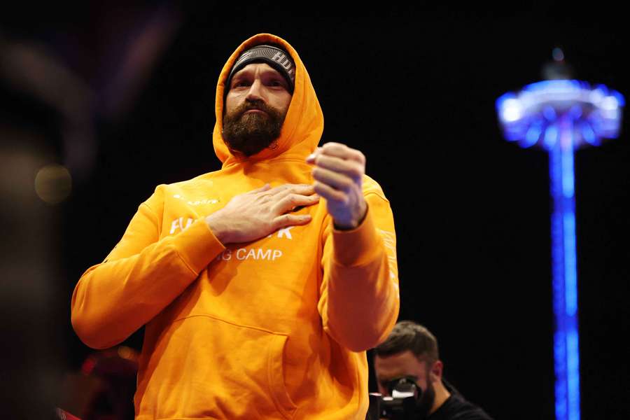 Tyson Fury appears at a media workout ahead of his fight with Oleksandr Usyk